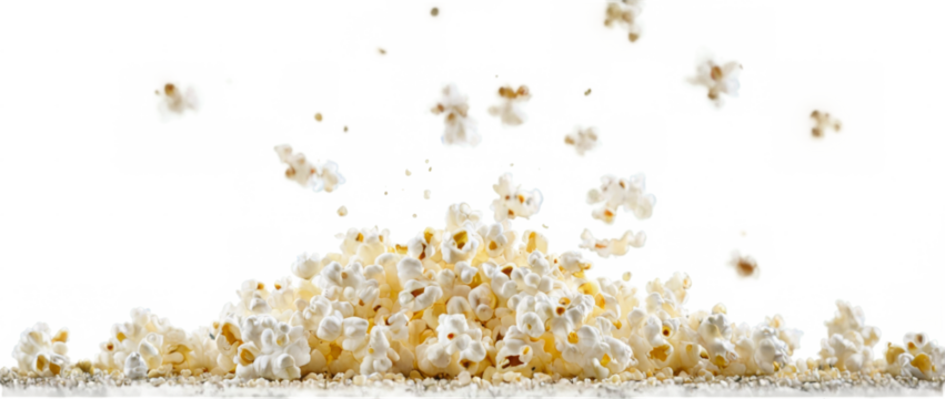 Freshly Popped White Popcorn Pile on transparent background with Varying Kernel Sizes and Fluffy Texture