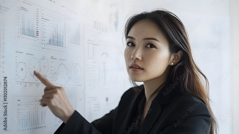 Poster A woman in a black blazer leans slightly forward, gesturing at a whiteboard displaying 3D trend lines and analytical data. Her serious expression highlights her engagement. The background is a plain,