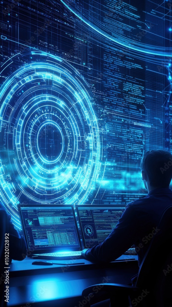 Poster a man is sitting in front of a computer monitor with a blue circle on it