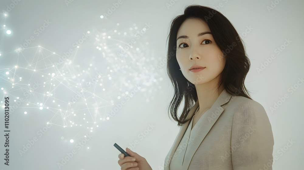 Poster A woman in a beige blazer stands beside a whiteboard with glowing 3D data projections hovering above its surface. She holds a marker and looks confidently into the distance. The background is a