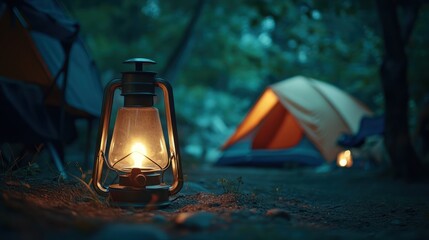 A serene camping scene with a lantern and tent in the woods.