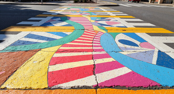 Colorful painted crosswalk with artistic patterns, vibrant colors, urban street, creative design, copy space
