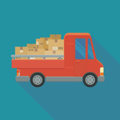 Red delivery van with its exterior bed containing cardboard packages on blue background with long shadow (flat design)