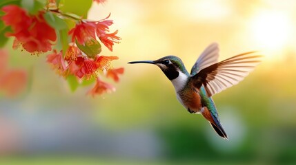 Naklejka premium A vibrant hummingbird gracefully sips nectar from bright orange flowers, set against a beautifully lit morning background, highlighting nature's delicate balance.