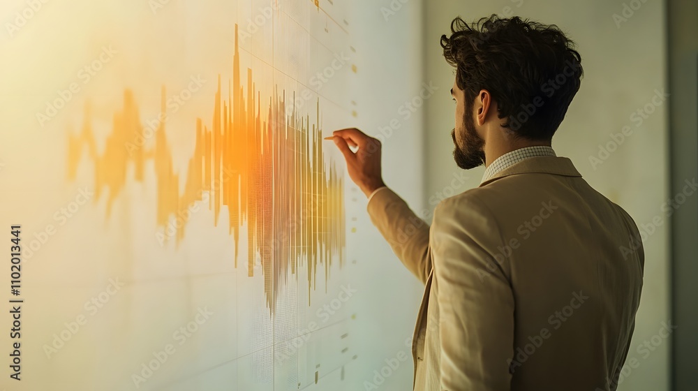 Poster A man in a beige blazer leans slightly toward a whiteboard, observing detailed 3D financial data projections emerging from its surface. The background is a plain, solid white studio backdrop