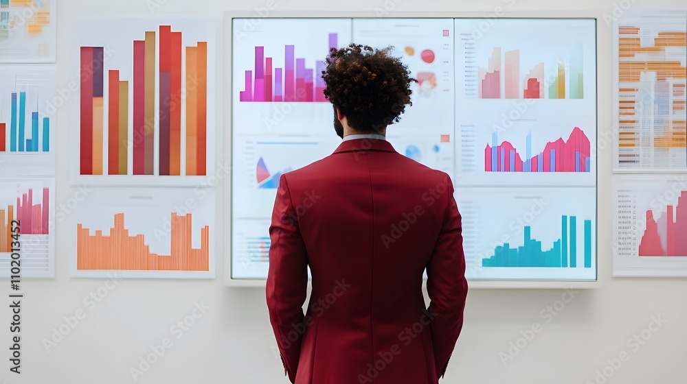 Aufkleber A man in a sharp red blazer stands near a whiteboard displaying vibrant 3D analytics charts rising from the surface. The background is a plain, solid white studio backdrop