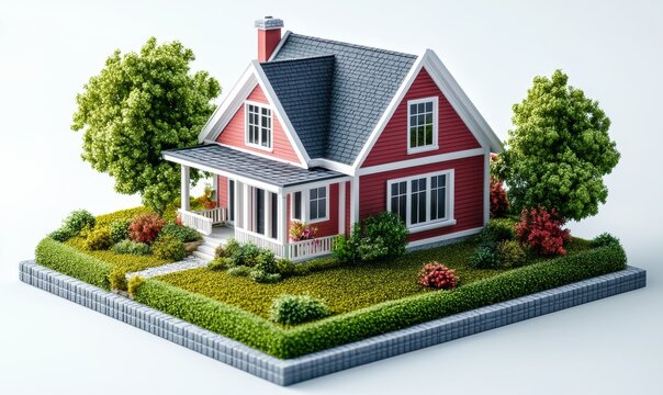 Isometric house with a front yard and windows, real estate icon, 3D icon set