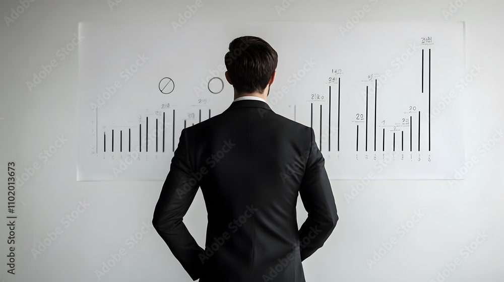 Poster A man in a sharp black suit stands poised, presenting 3D sustainability metrics hovering above a whiteboard. The background is a plain, solid white studio backdrop