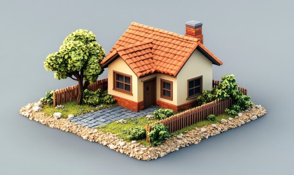 Isometric house with a front yard and windows, real estate icon, 3D icon set