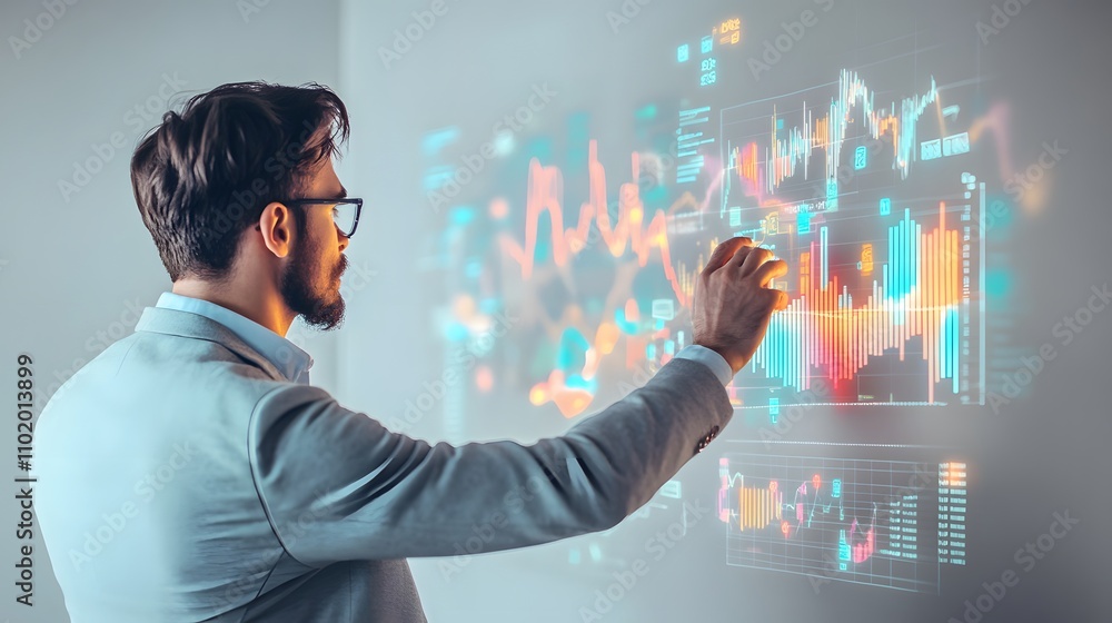 Aufkleber A man in a light gray blazer interacts with glowing 3D financial metrics projected dynamically from a whiteboard. The background is a plain, solid white studio backdrop