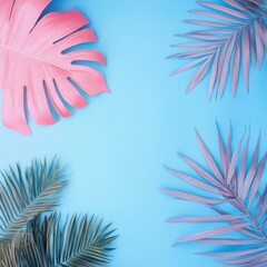 Obraz premium Vibrant tropical leaves on a blue background for design purposes.