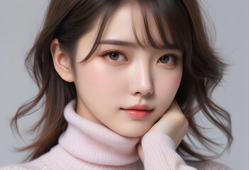 Beauty portrait of a beautiful young woman in a turtleneck sweater. Beautiful bare face, winter image. タートルネックのセーターを着た美しい若い女性の美容ポートレート。美しい素顔、冬のイメージ。