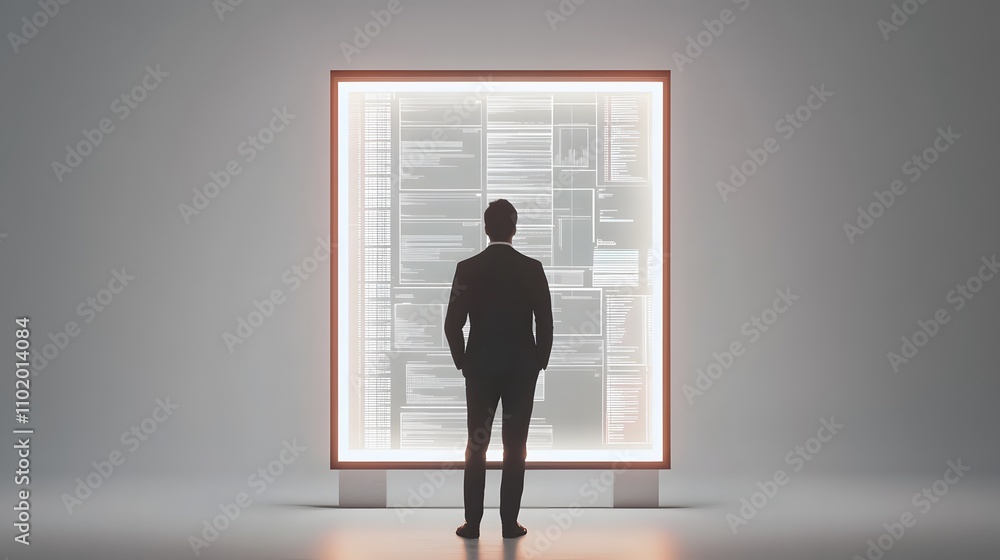 Poster A man in a tailored charcoal suit stands poised beside a whiteboard displaying glowing 3D financial analytics. The background is a plain, solid white studio backdrop