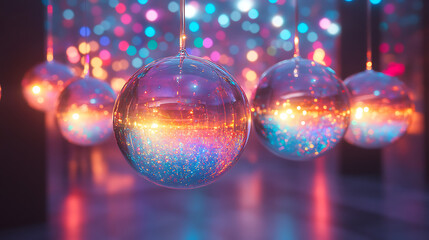 Obraz premium Floating abstract glass orbs reflect their surroundings vividly, bending light from a glowing sunset into surreal patterns and creating rainbow glows.
