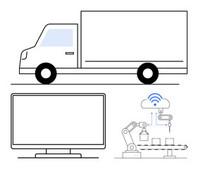 Digital logistics solution featuring a truck, computer screen, and robotic arm with cloud connection. Ideal for logistics, supply chain, automation, transportation, warehousing, technology and IoT