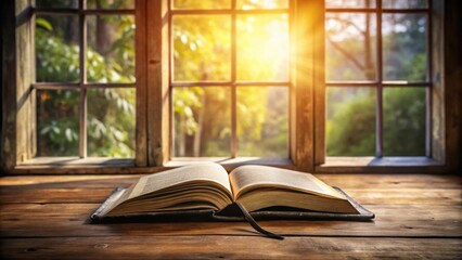 Open old book on wooden table with sunlight coming through window, vintage, antique, retro, literature, education, reading, nostalgic