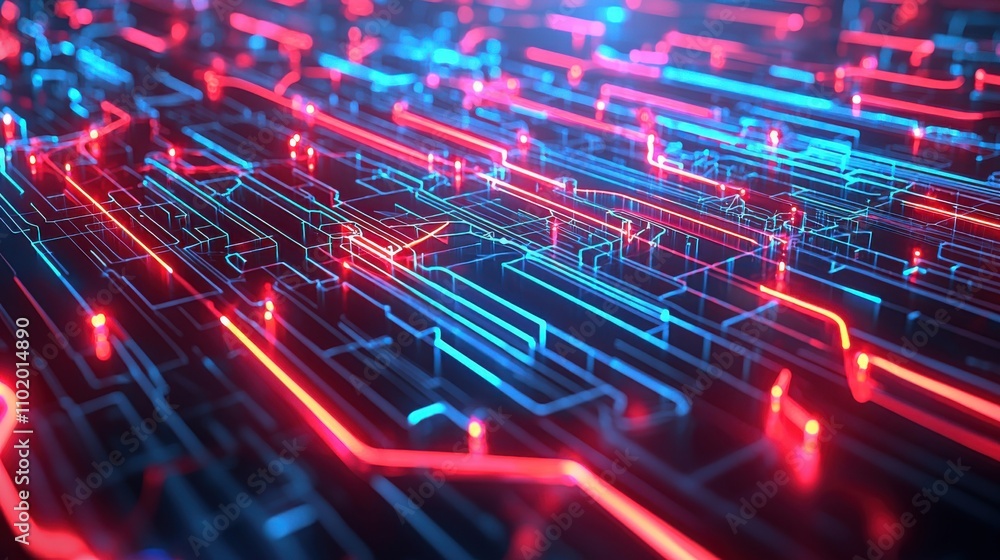 Poster a computer chip with red and blue lines