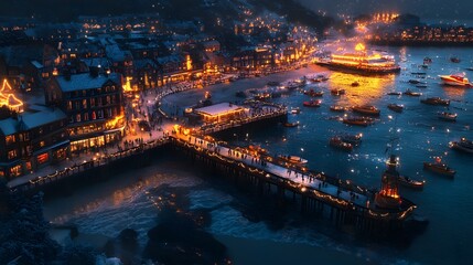 Fototapeta premium A bird's-eye view of a serene coastal town, where the pier and boats are decorated with glowing holiday lights against the backdrop of a frosty sea.