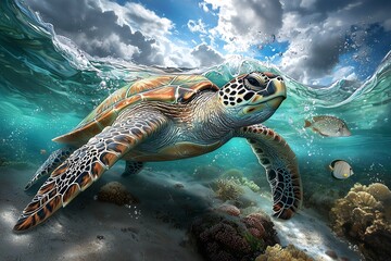 Underwater adventure sea turtle swimming in ocean marine life photography natural environment dynamic perspective