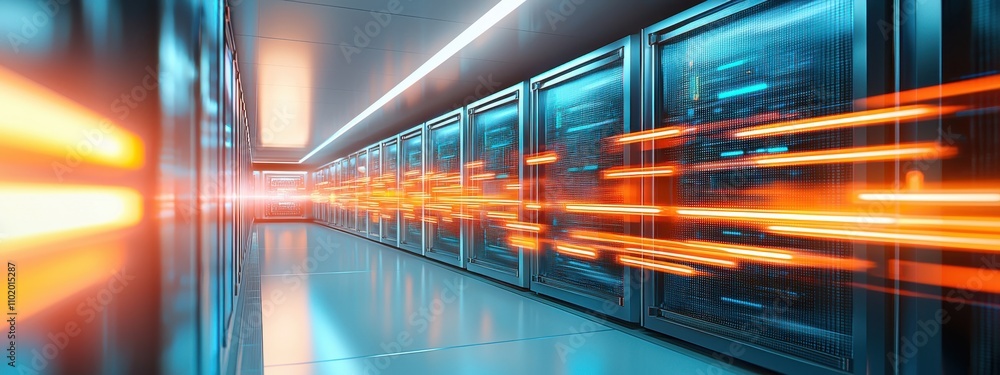 Poster a computer server room with a long row of servers