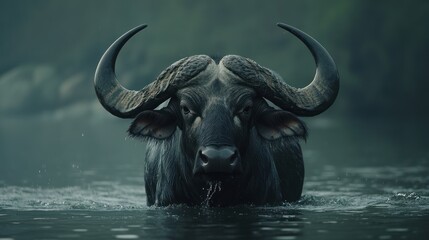 Naklejka premium A water buffalo wades through a misty, serene landscape.