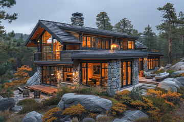 Obraz premium 3d rendering of modern cozy chalet with pool and parking for sale or rent. Beautiful forest mountains on background. Massive timber beams columns. Clear summer night with golden sunlight 