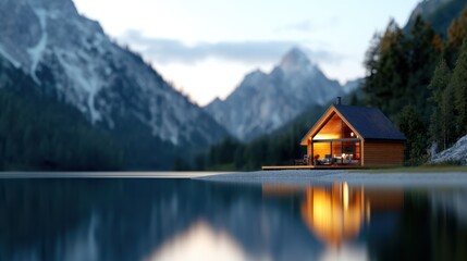 Obraz premium A cozy rustic cabin rests quietly at the edge of a calm mountain lake, with early evening skies casting gentle reflections, embraced by towering alpine peaks.