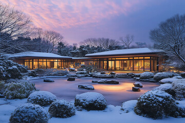 A serene japanese garden covered in fresh snow at dawn.