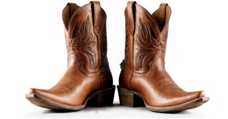Vintage cowboy boots with star and buckle details on transparent background, featuring pointed toe and aged leather texture.