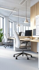 A white office with two desks and two chairs