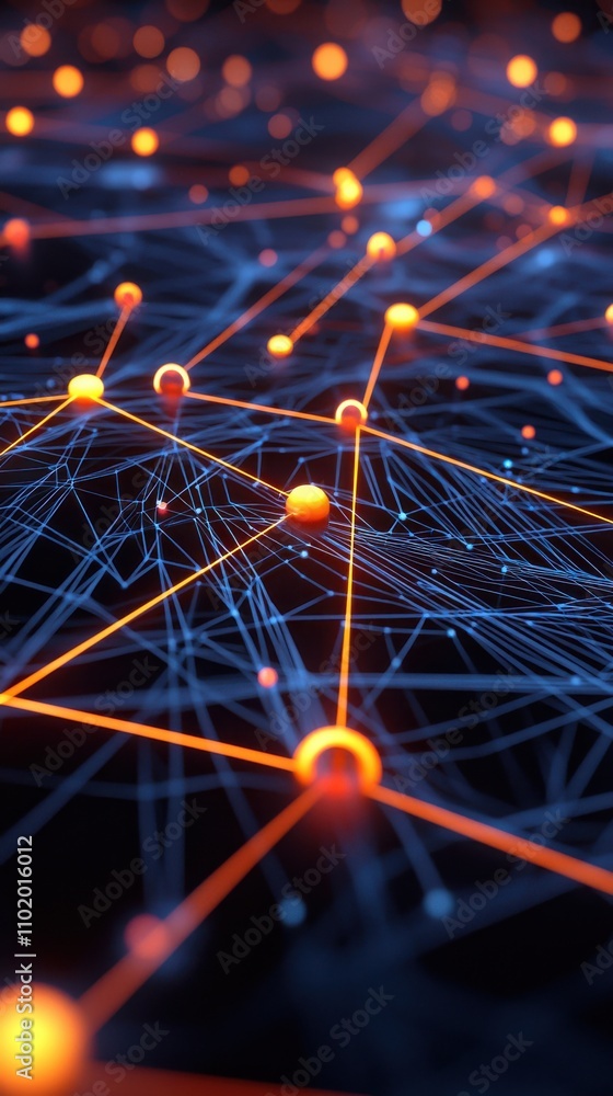 Poster a close up of a computer generated image of a network of orange and blue spheres