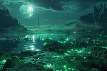Obraz premium A Nighttime View of a Fantasy World with a Large Moon, Sparkling Water, and Glowing Plants