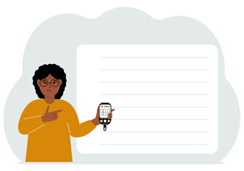 Woman holds a glucometer in his hand. The concept of blood sugar control, diabetic. Vector flat illustration