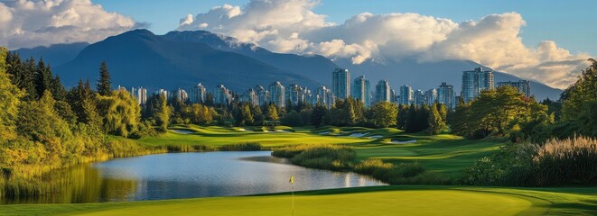 Fototapeta premium Scenic Golf Course with City Skyline Under Dramatic Clouds and Mountains, Featuring Lush Greenery and Reflections in Calm Water