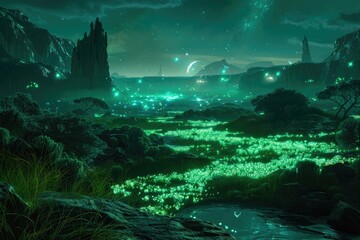 Obraz premium A Glowing, Ethereal Landscape Under a Starry Night Sky