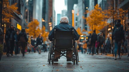 Homeless elderly man in wheelchair observing busy city street filled with autumn colors at dusk. The figure of a disabled person expresses hopelessness. With copy space
