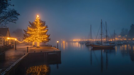 A cinematic panorama of a tranquil harbor on Christmas Eve, with boats illuminated by holiday lights and a glowing tree standing near the docks.