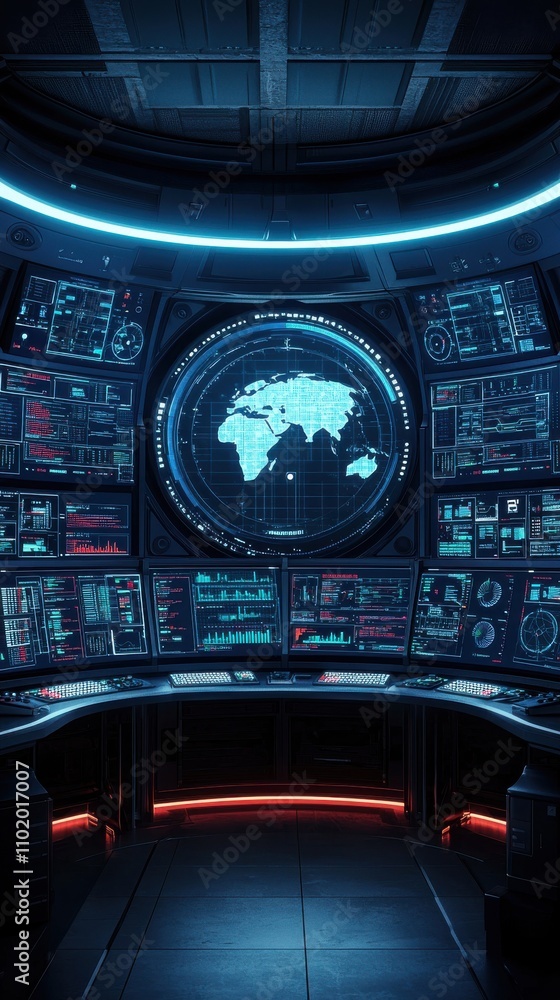 Poster a computer monitor shows a globe with the words 
