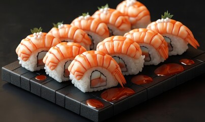Isometric sushi nigiri with shrimp and soy sauce, Japanese fine dining, 3D icon set