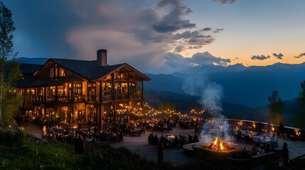 A sweeping panorama of a luxury mountain lodge decorated with holiday lights, with smoke curling from chimneys and guests gathered around outdoor firepits.
