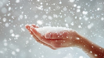 Fototapeta premium Hand gracefully holds snow collected from gently falling flakes in the sky, symbolizing a serene connection with the whimsical dance of winter.