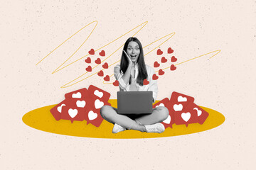 Creative trend collage of shocked female netbook worker heart icon notification smm manager worker...