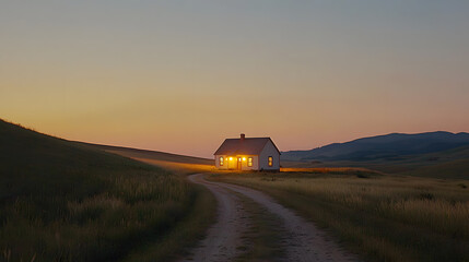 Fototapeta premium Peaceful Rural Landscape at Dusk with a Winding Dirt Road – A Serene Evening Scene of Tranquility and Natural Beauty