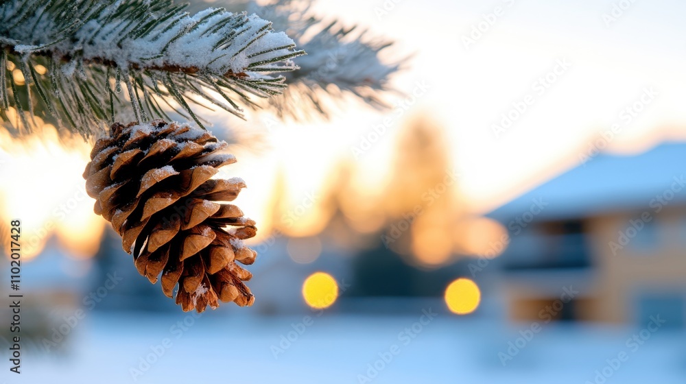 Poster a close-up of a pine cone dusted with snow on a branch, captured against a soft-focus background fea