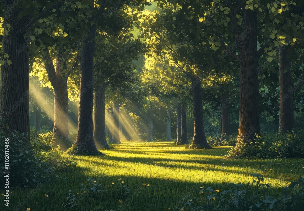 Poster serene sunlit forest path with lush green trees and golden rays lighting up the ground creating a pe