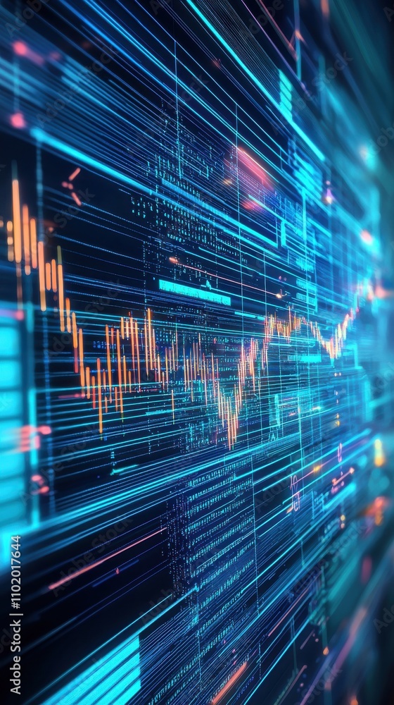 Poster a computer screen with a blue background and orange and red lines