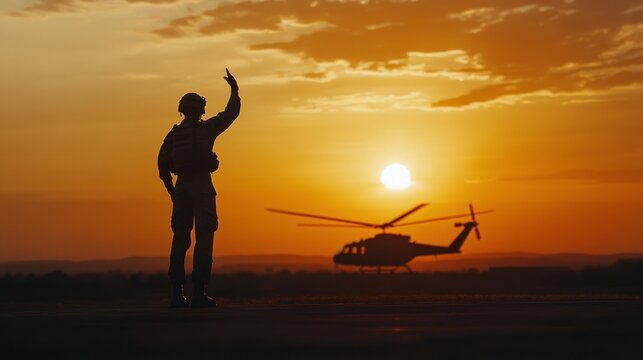 Soldier waving goodbye at sunset with helicopter in background.