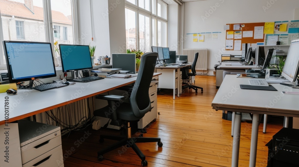 Poster organized and efficient modern office space with computers and workstations