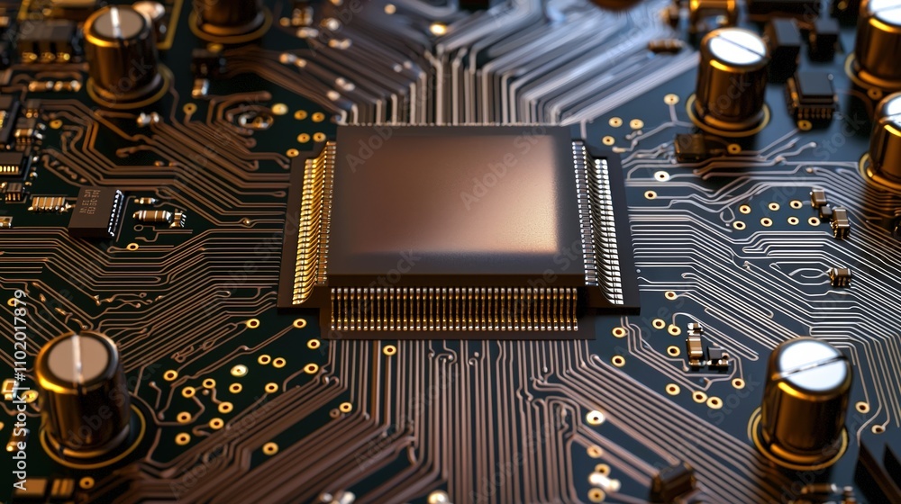Poster detailed close-up of a circuit board showcasing intricate designs and electronic components.