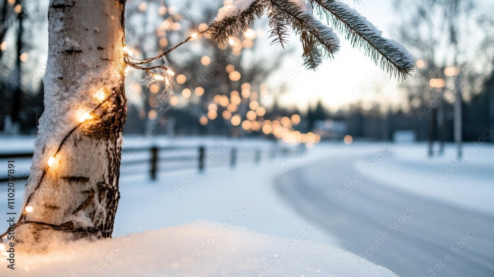 Poster a serene winter scene featuring a snowy road bordered by trees adorned with glowing lights, creating